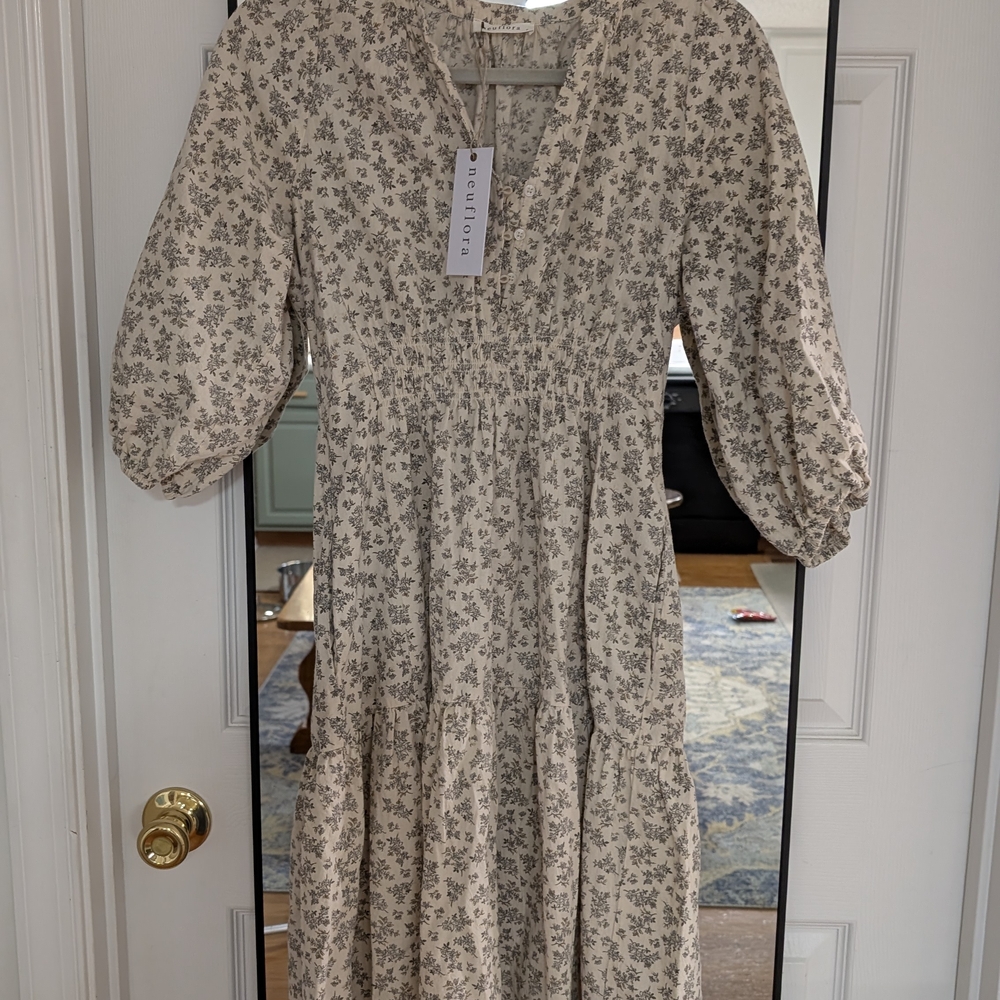 Tan Smocked Midi Dress with Puff Sleeves